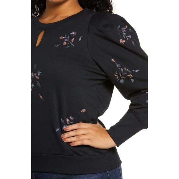 Wit & Wisdom Floral Embroidered Sweatshirt Size 3X Dark Blue Shirred Keyhole - Picture 14 of 14